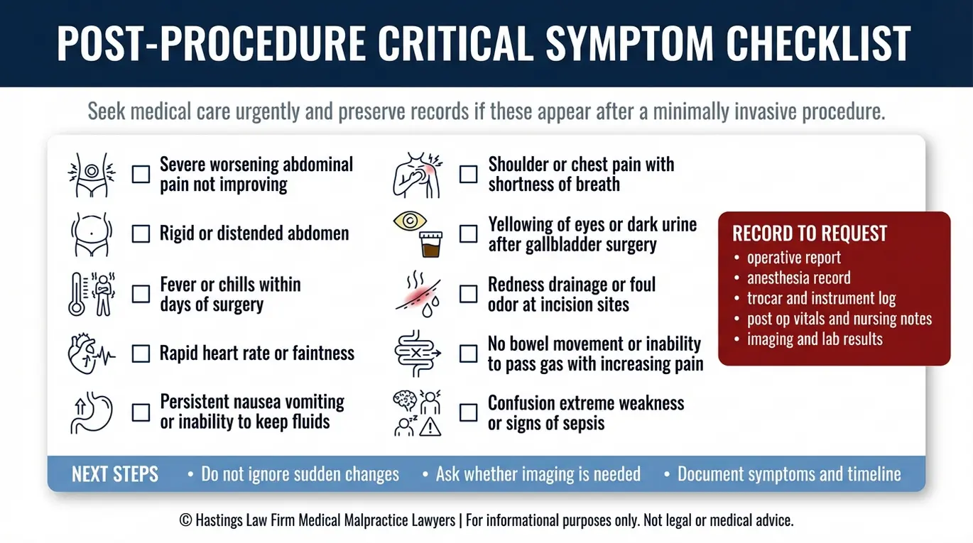 Warning checklist of postoperative red flags for bowel perforation bile duct injury and infection that a Texas Laparoscopic Surgery Error Lawyer considers in malpractice evaluation.