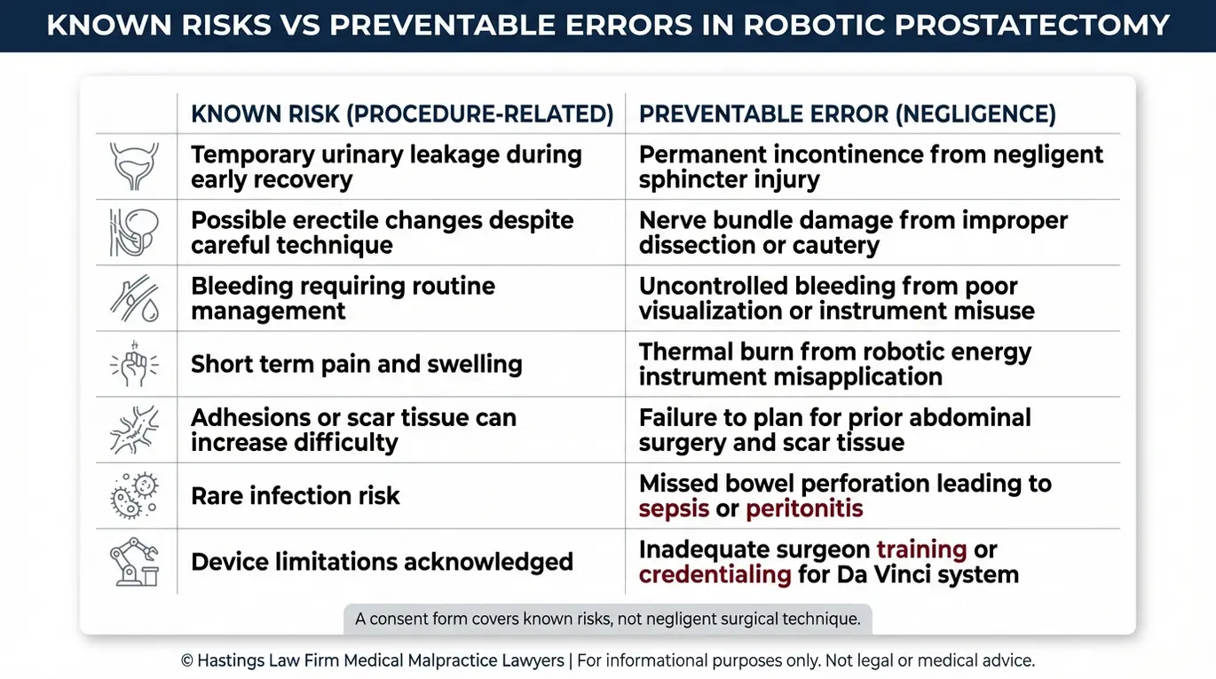 Comparison table explaining known risks versus preventable errors a Houston prostate surgery error lawyer evaluates after robotic prostatectomy.