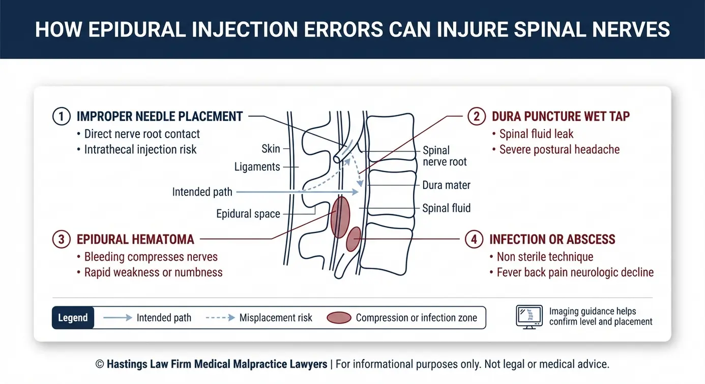 Clinical diagram showing epidural space dura mater spinal fluid and nerve root and how errors can cause nerve damage for an Arizona Epidural Injection Injury Lawyer malpractice case.