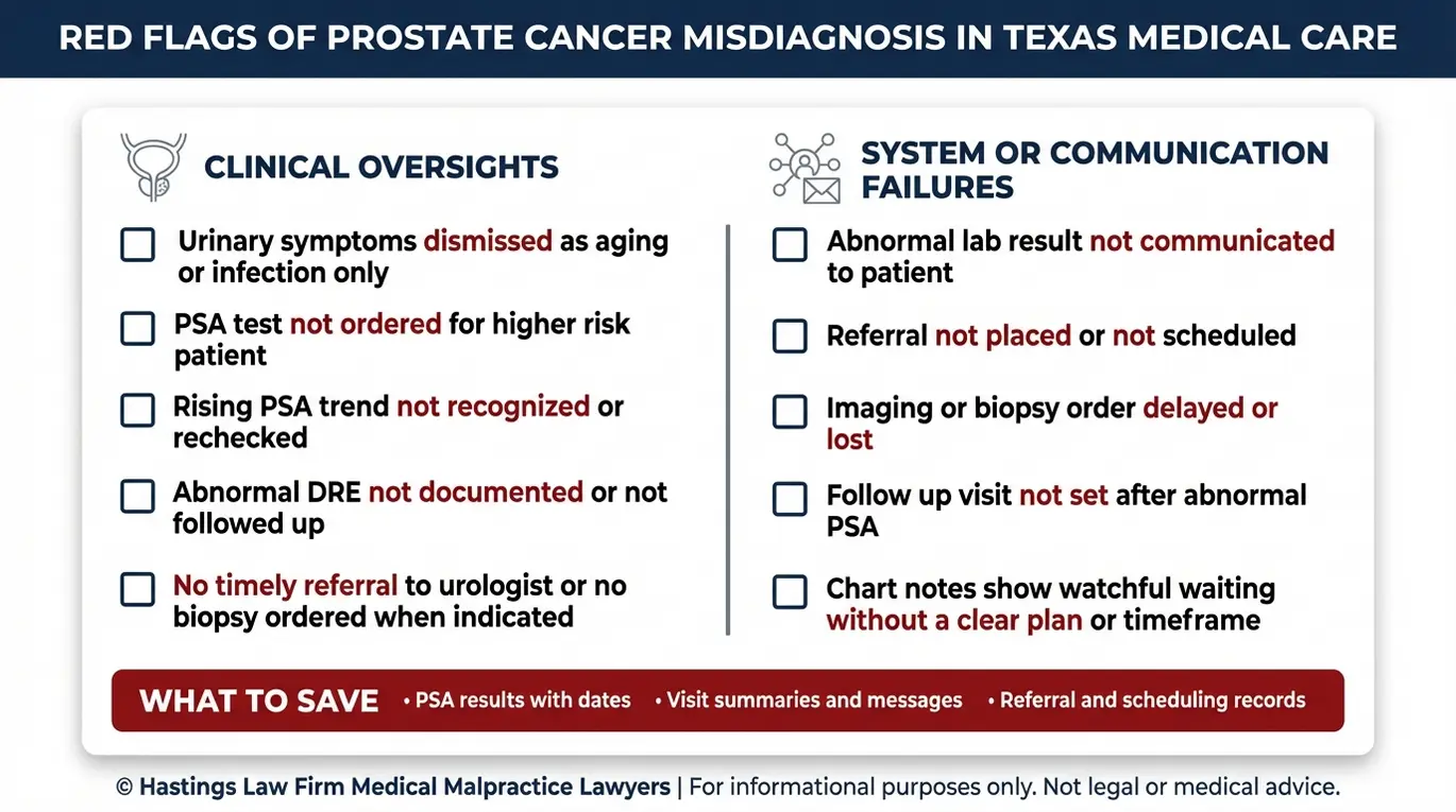 Lista de señales de alerta que indican un error en el diagnóstico de cáncer de próstata, para quienes estén considerando contratar a un abogado especializado en casos de diagnóstico erróneo de cáncer de próstata de Texas.
