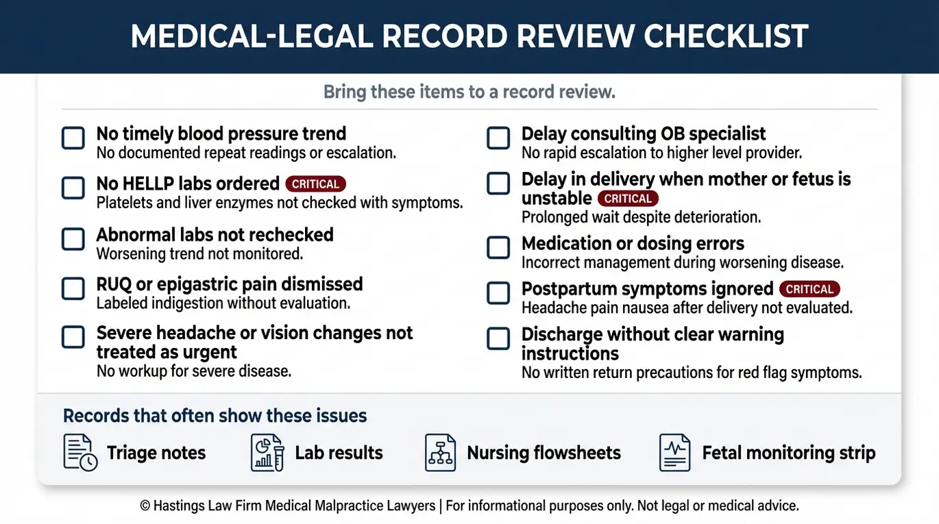 Warning checklist of HELLP syndrome misdiagnosis red flags and record clues often reviewed by a Texas HELLP Syndrome Malpractice Lawyer.