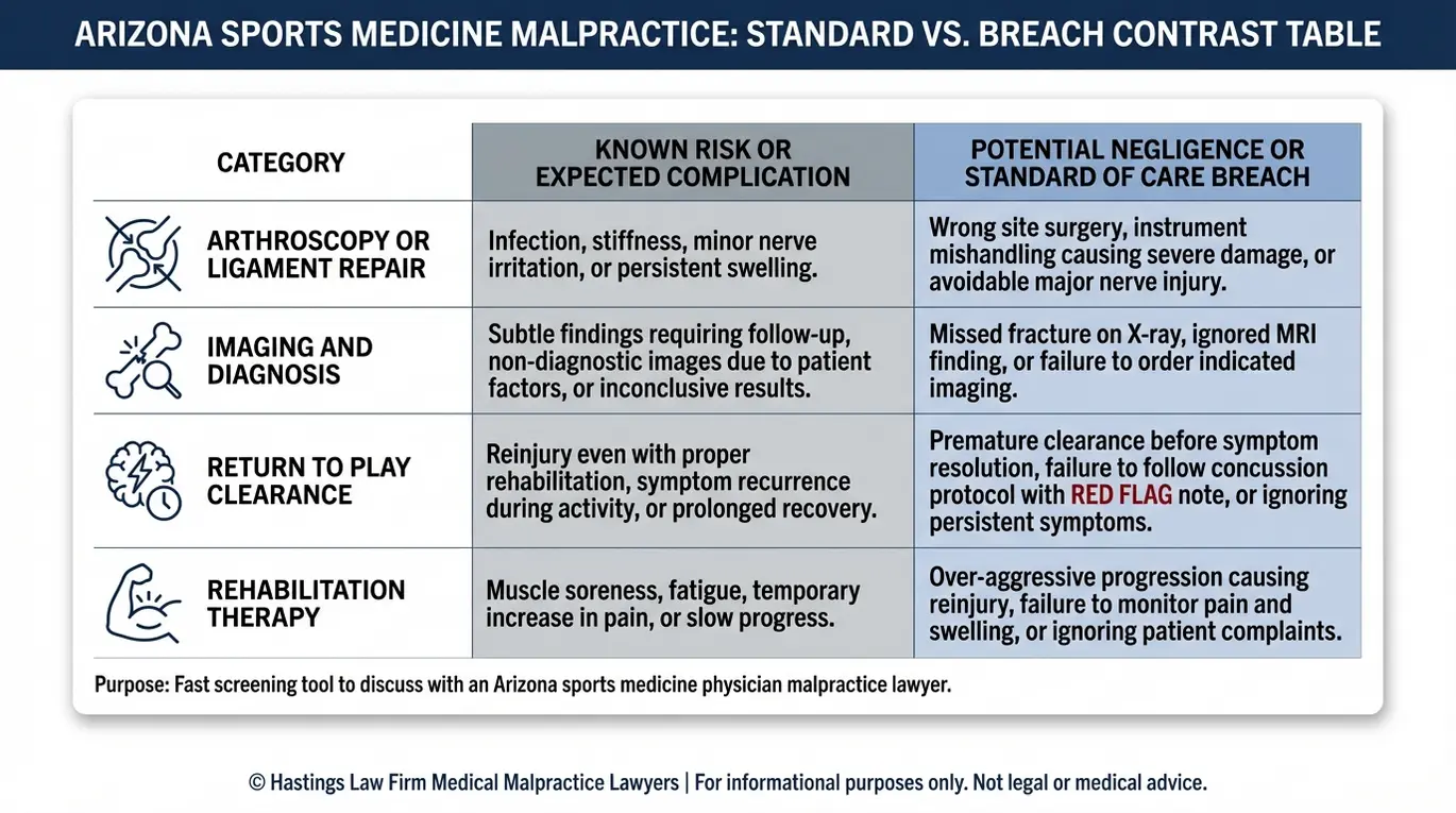 Comparison chart explaining common sports medicine errors versus known risks to help an Arizona Sports Medicine Physician Malpractice Lawyer evaluate whether treatment outcomes suggest medical negligence.
