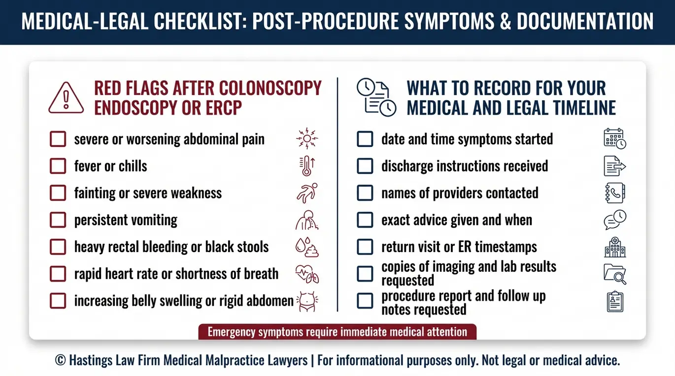 Lista de verificación de advertencias para abogados especializados en negligencia médica de gastroenterólogos de Texas: enumera los indicios de alerta tras una colonoscopia, una endoscopia o una CPRE, así como los detalles clave del cronograma que se deben registrar.