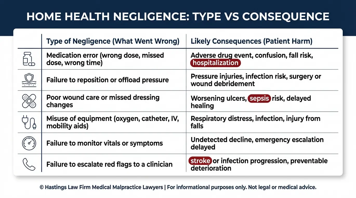 Tabla comparativa elaborada por un abogado especializado en negligencia médica de proveedores de atención médica domiciliaria en Arizona, en la que se muestran los tipos más comunes de negligencia de estos proveedores y los daños que pueden causar a los pacientes, tales como errores en la medicación, úlceras por presión, uso indebido de equipos y retrasos en la derivación a un especialista.