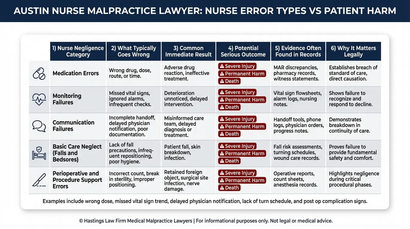Comparison table showing Austin Nurse Malpractice Lawyer nurse negligence categories versus typical errors, medical record evidence, and patient harm outcomes.