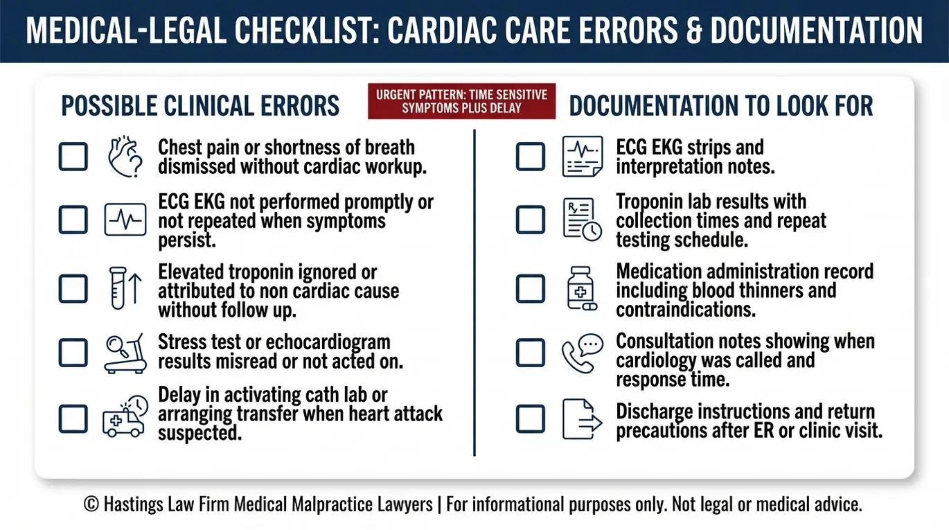 Lista de verificación de señales de alerta de negligencia por parte de cardiólogos y documentos clave que se deben recopilar para que los revise un abogado especializado en negligencia médica de cardiólogos en Arizona, incluyendo ECG, tiempos de troponina, retrasos en la activación del laboratorio de cateterismo e instrucciones al alta.