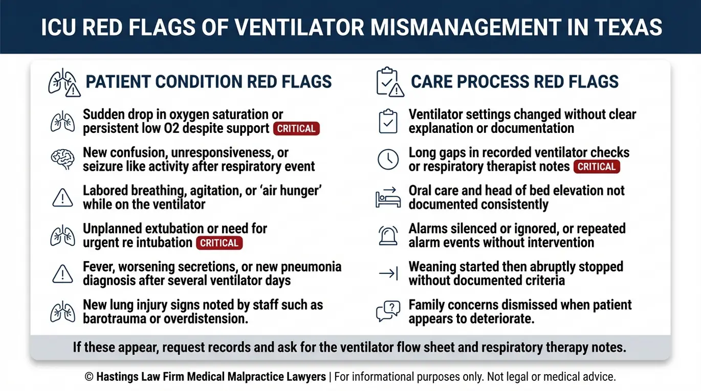 Lista de verificación de señales de alerta en la UCI y de la documentación que un abogado especializado en casos de mala gestión de ventiladores Texas revisa en los casos de negligencia relacionada con la ventilación.