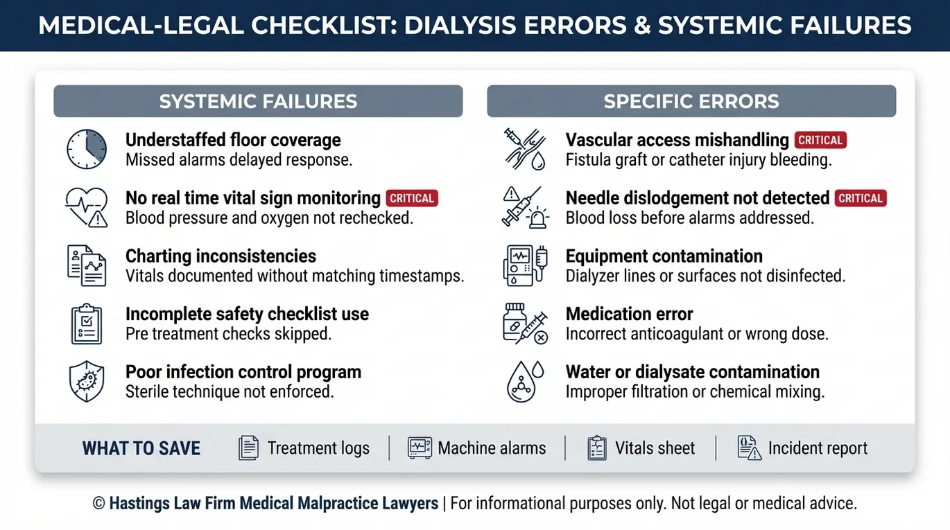 Warning checklist of dialysis clinic red flags used by a Texas Dialysis Center Malpractice Lawyer including understaffing missed vital signs charting inconsistencies infection control failures vascular access errors and water or dialysate contamination.