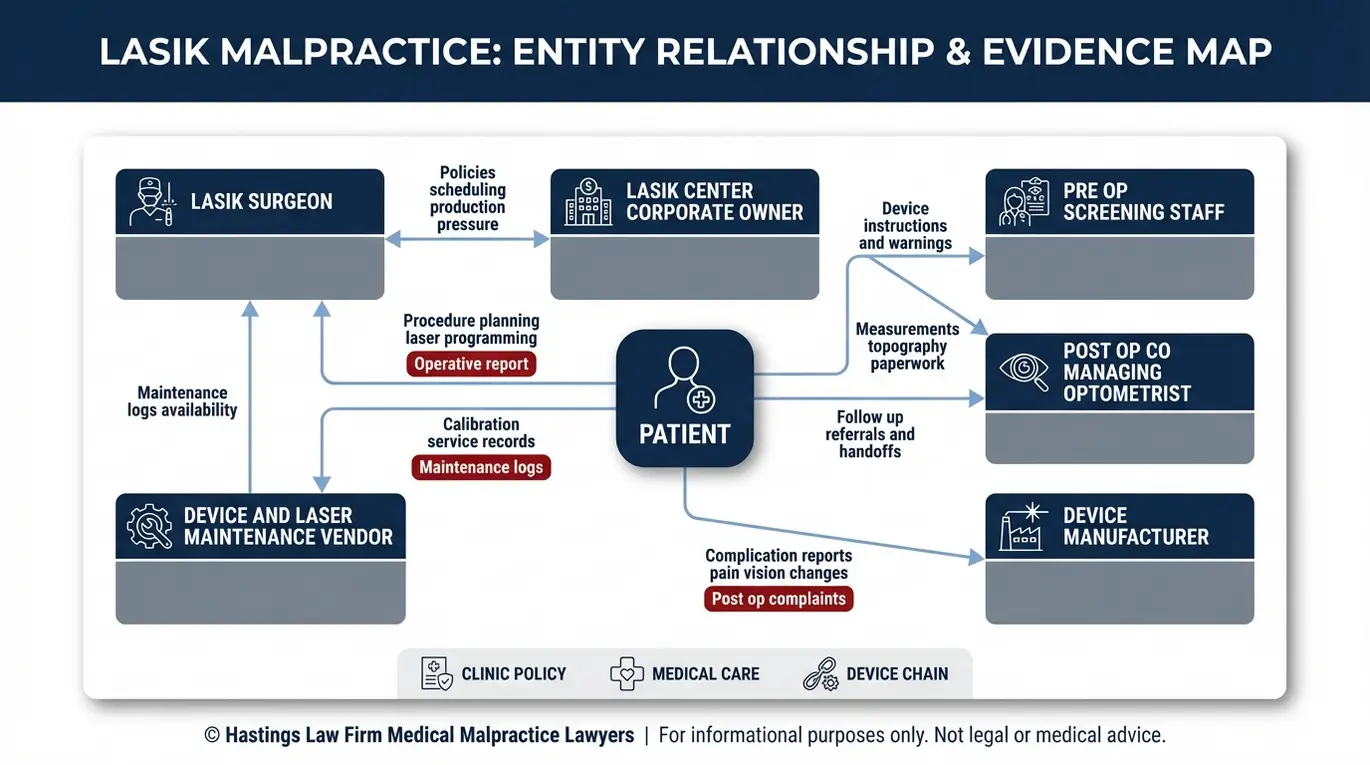 Entity relationship map showing who may be responsible in a LASIK injury for a Texas LASIK Center Malpractice Lawyer including surgeon clinic corporate owner staff maintenance vendor optometrist and manufacturer.