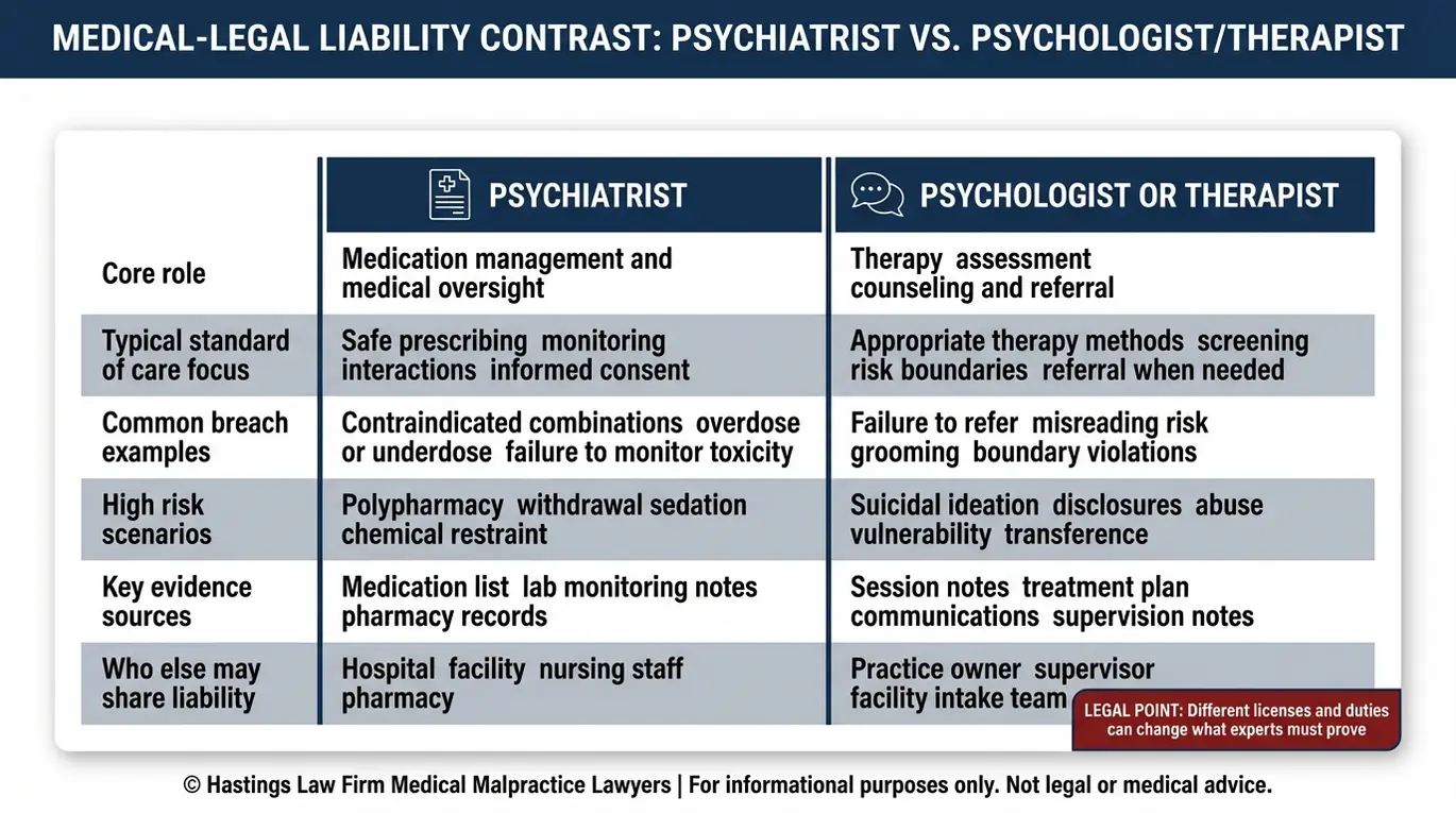 Tabla comparativa de casos de abogados especializados en negligencia profesional de psicólogos y psiquiatras (Texas), en la que se muestran los estándares de atención de psiquiatras frente a los de psicólogos, las infracciones más comunes, las pruebas clave y la responsabilidad compartida.