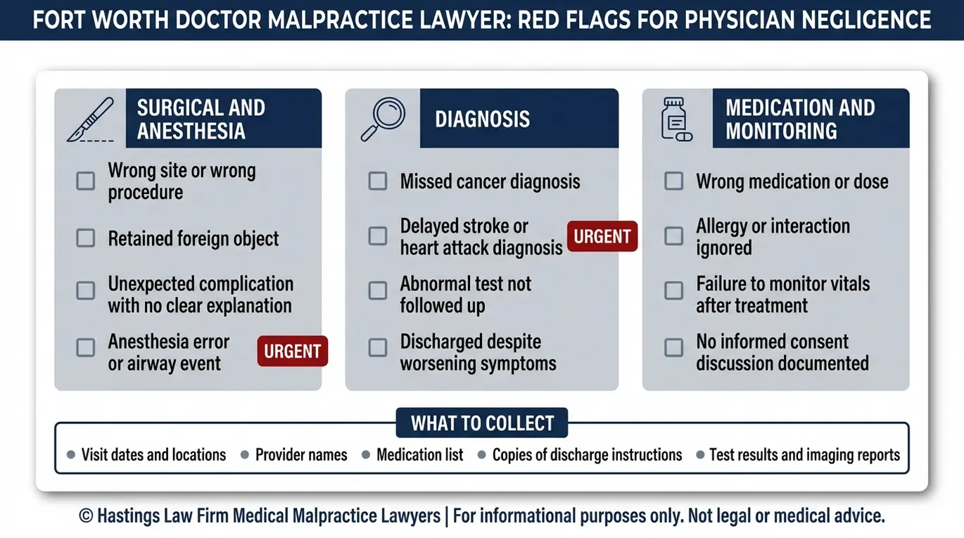 Lista de verificación de advertencias que resume los indicios de alerta de errores quirúrgicos, errores de diagnóstico y fallos en el control de la medicación para el análisis de un caso por negligencia médica a cargo de un abogado de Fort Worth.