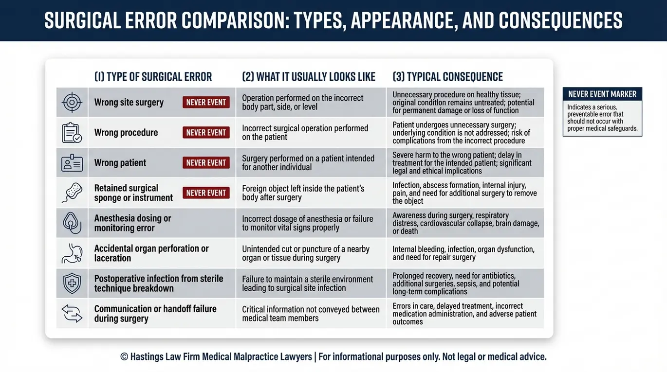 Tabla comparativa para un abogado especializado en errores quirúrgicos Texas que muestra los tipos más comunes de negligencia quirúrgica, cómo se produce cada error y los resultados típicos para los pacientes, incluyendo cirugías en el sitio equivocado, objetos olvidados, errores de anestesia, daño a órganos e infecciones.