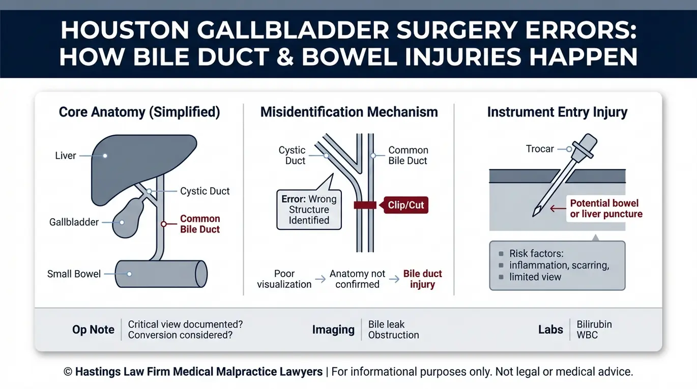 Clinical diagram showing how laparoscopic cholecystectomy surgical errors cause common bile duct injury or bowel perforation, created for a Houston Gallbladder Surgery Error Lawyer topic.
