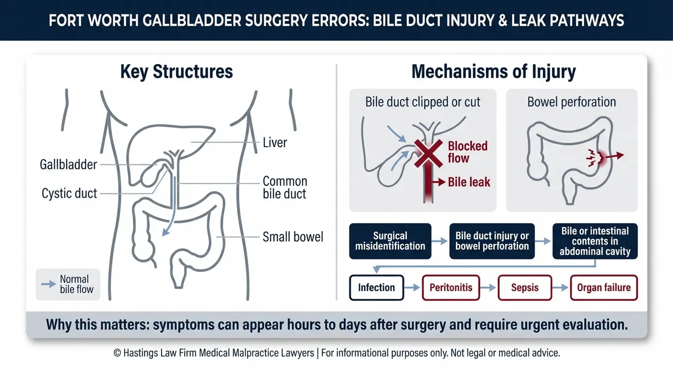 Clinical diagram showing common bile duct anatomy and how laparoscopic cholecystectomy errors can cause bile leak, peritonitis, sepsis, and organ failure for a Fort Worth Gallbladder Surgery Error Lawyer topic.