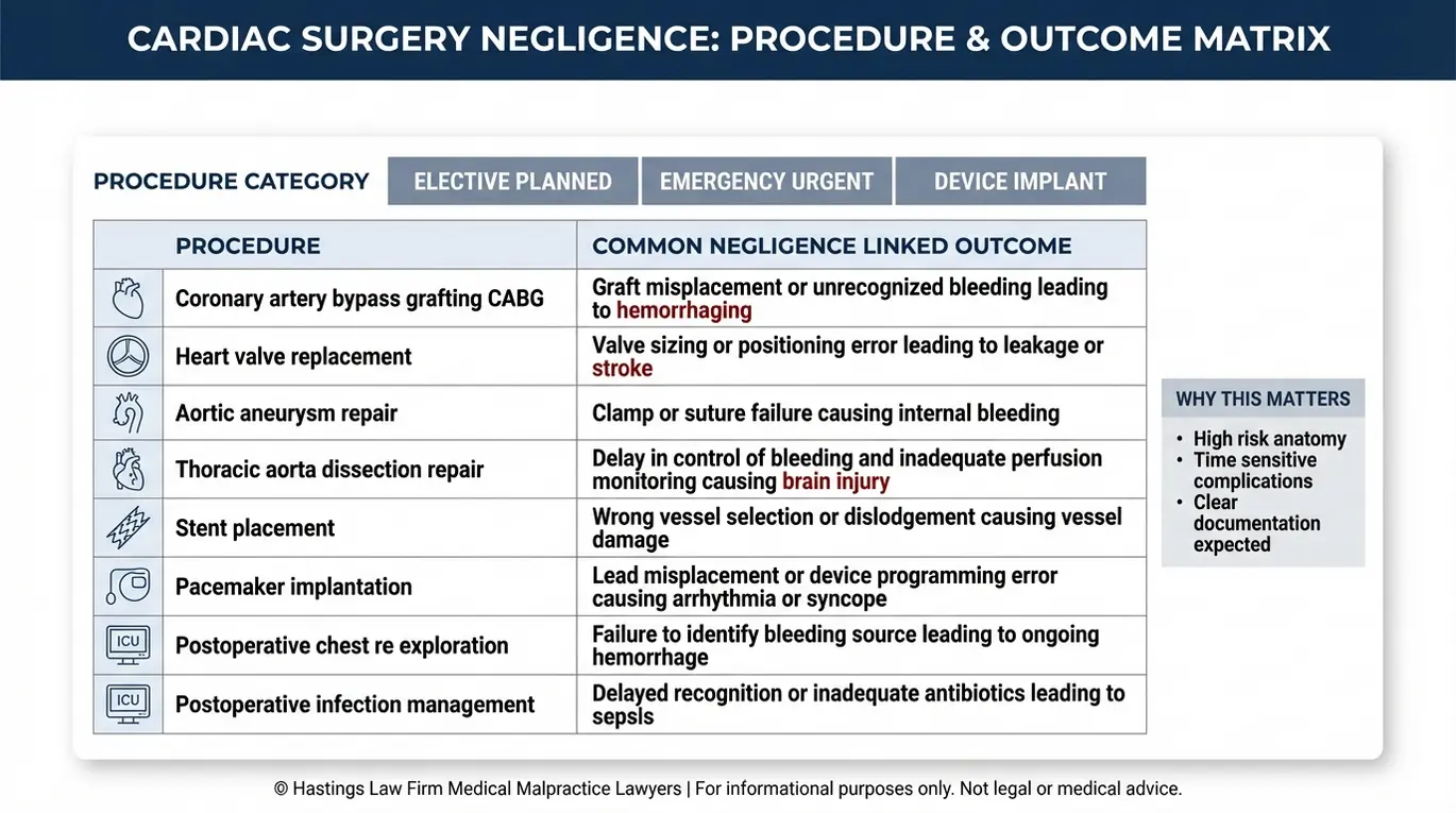 Tabla comparativa elaborada por un abogado especializado en negligencia médica para cirujanos cardiotorácicos (Texas), en la que se muestran procedimientos cardiotorácicos comunes —como el bypass coronario, el reemplazo valvular, los stents y los marcapasos— y se relacionan con consecuencias típicas asociadas a la negligencia, tales como hemorragias, accidentes cerebrovasculares, lesiones cerebrales e infecciones.
