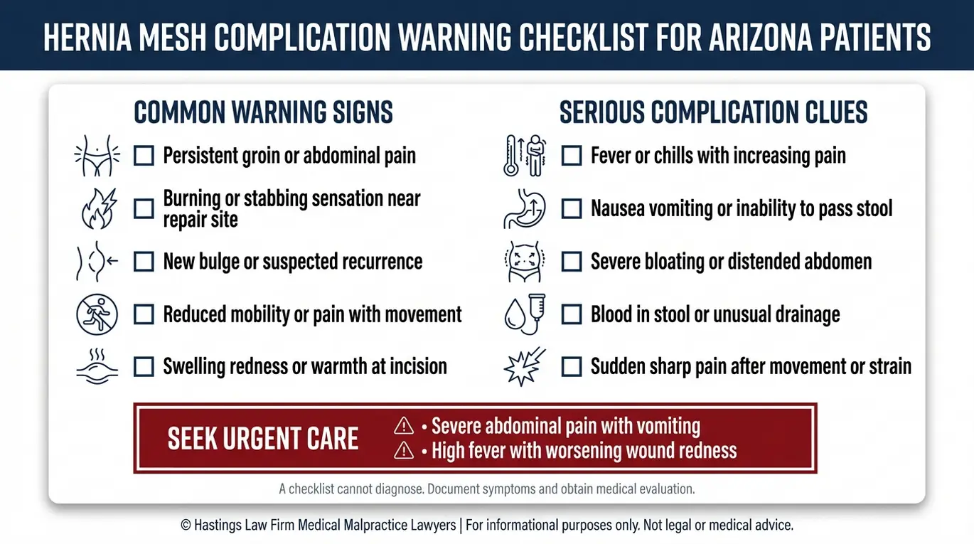 Warning checklist of common hernia mesh complications and urgent red flags used by an Arizona Hernia Mesh Lawyer to help patients document symptoms like infection bowel obstruction and mesh migration.