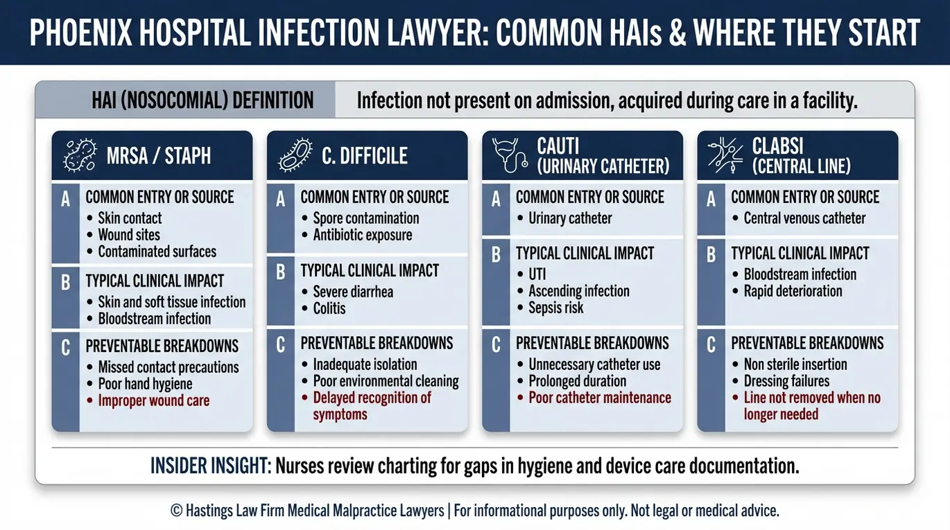 Infografía que resume los tipos de infecciones nosocomiales, entre ellas el MRSA, el C. difficile, la CAUTI y la CLABSI, con sus fuentes más comunes, sus repercusiones y los fallos evitables, para ofrecer una visión general destinada a un abogado especializado en infecciones hospitalarias de Phoenix.