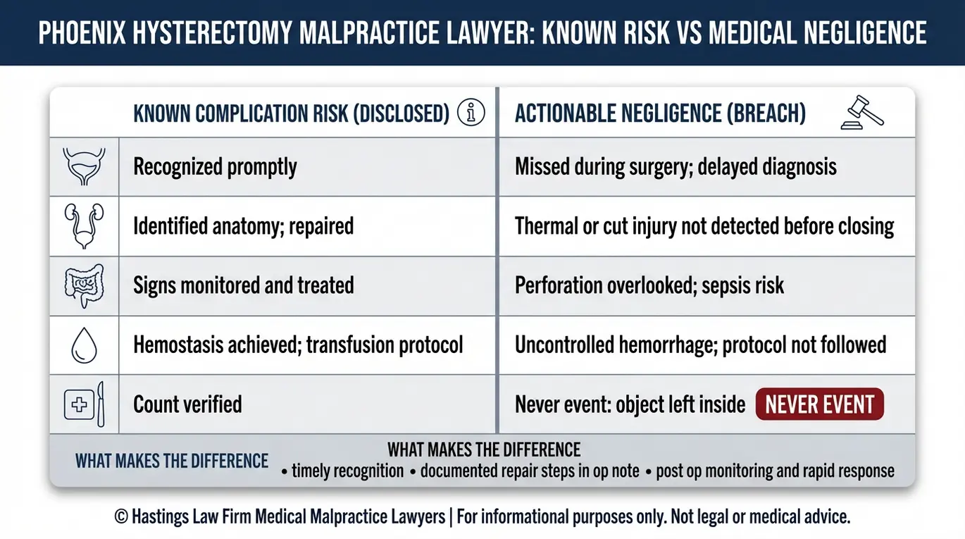 Comparison chart for a Phoenix Hysterectomy Malpractice Lawyer showing known hysterectomy risks versus medical negligence with examples like bladder injury ureter damage bowel perforation bleeding and retained instruments.