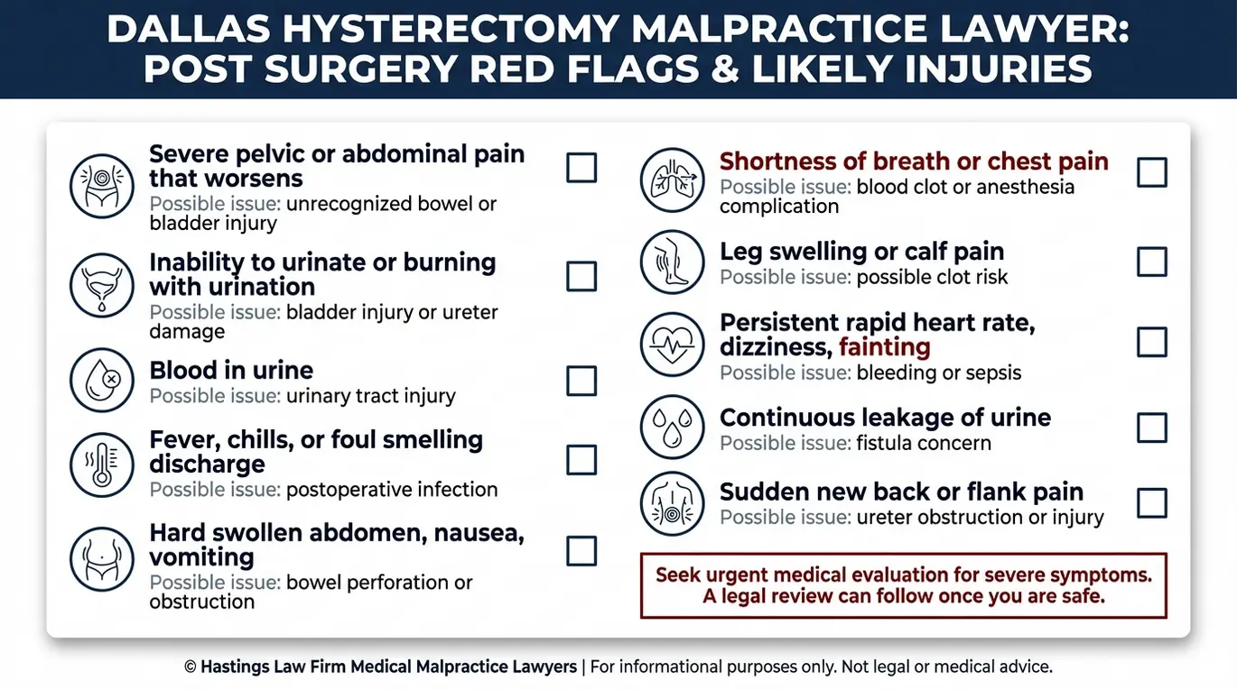 Lista de advertencia de la cirugía de histerectomía banderas rojas y lesiones probables para una revisión Dallas Hysterectomy Malpractice Lawyer incluyendo signos de infección vejiga intestino y uréter síntomas de lesiones y advertencias coágulo.