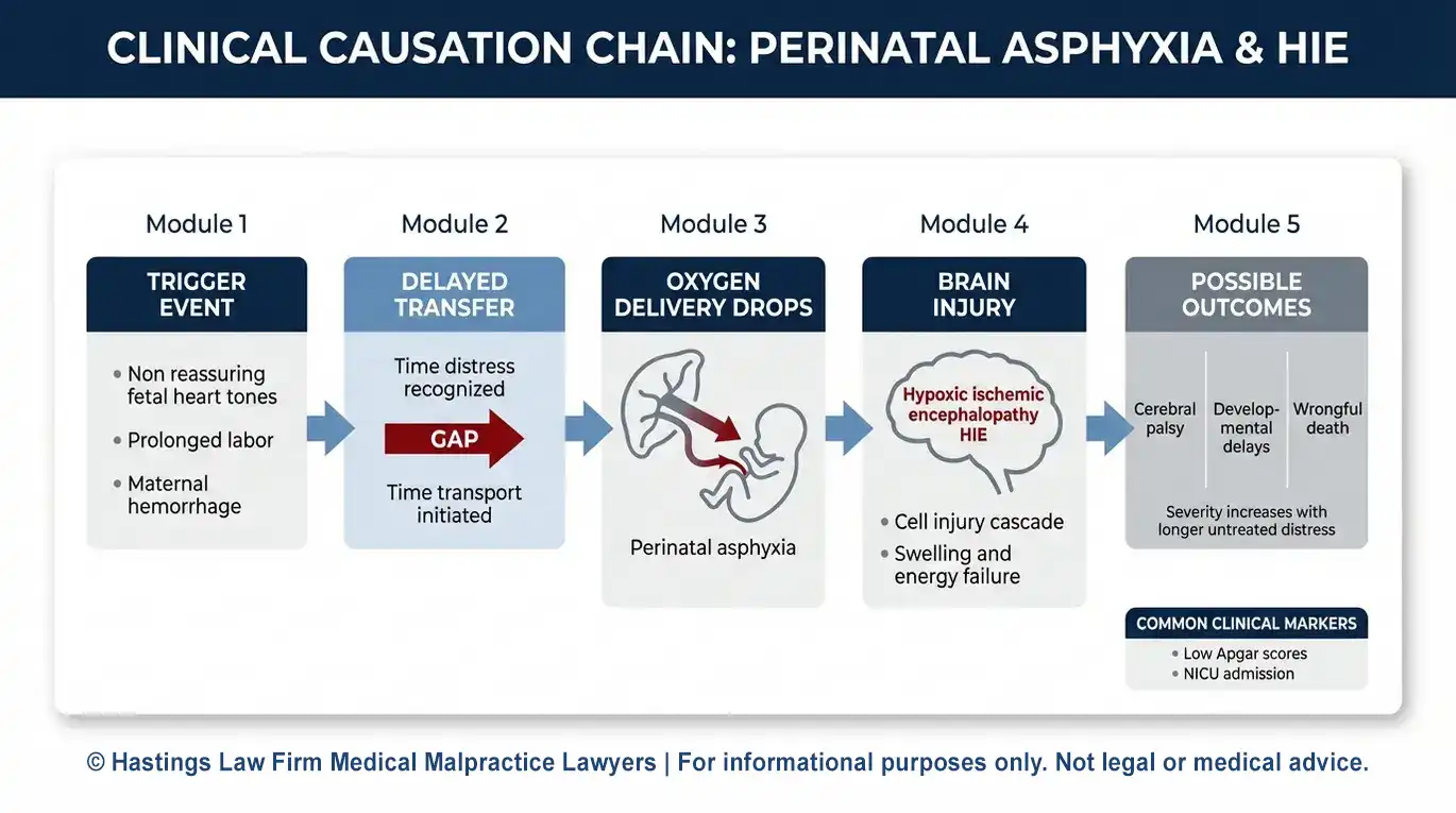 Diagrama conceptual clínico que muestra cómo un retraso en el traslado desde un centro de maternidad puede provocar una falta de oxígeno que derive en una encefalopatía hipóxica-isquémica (HIE) y parálisis cerebral, en el marco de una demanda presentada por un abogado especializado en retrasos en el traslado desde centros de maternidad en Arizona.