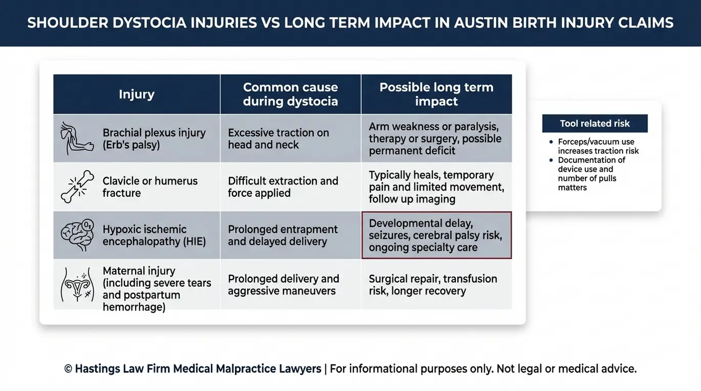 Tabla comparativa de lesiones por distocia de hombros y posibles consecuencias a largo plazo utilizada por un abogado especializado en distocia de hombros de Austin para explicar la gravedad de las lesiones durante el parto.