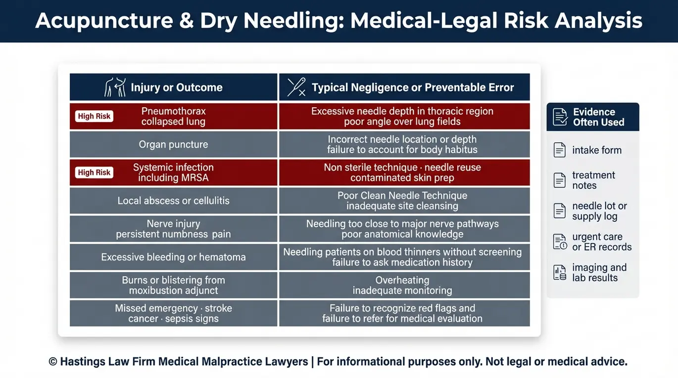 Tabla comparativa para un abogado especializado en negligencia profesional de acupuntores de Arizona, en la que se muestran las lesiones más comunes relacionadas con la acupuntura y los tipos típicos de negligencia que provocan neumotórax, infecciones por MRSA, daños nerviosos, perforaciones de órganos y la omisión de derivaciones en casos de emergencia.