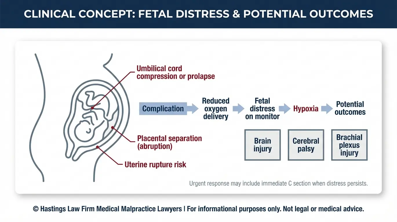 Clinical diagram explaining how an external cephalic version complication can lead to fetal distress hypoxia and outcomes relevant to a Texas External Cephalic Version Complication Lawyer.