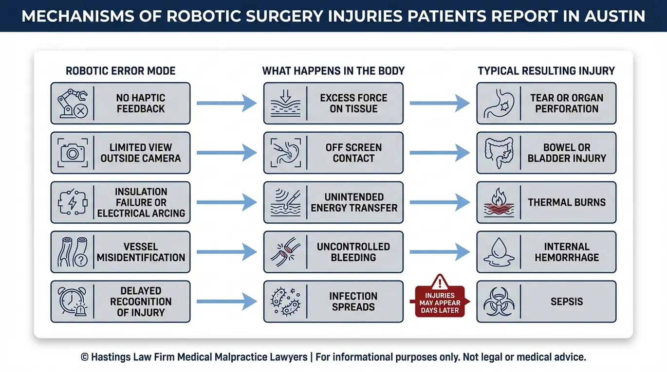 Diagrama clínico que relaciona los mecanismos de error en la cirugía robótica con la perforación de órganos, las quemaduras, la hemorragia interna, el daño nervioso y la sepsis, como resumen para un abogado especializado en negligencia médica en cirugía robótica de Austin.