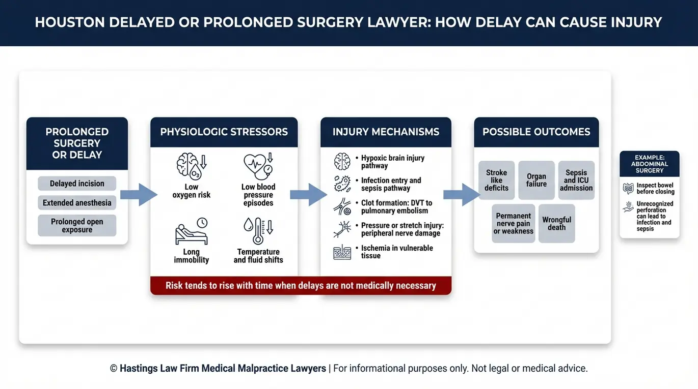 Clinical concept diagram mapping how prolonged surgery delays can lead to hypoxia infection clots nerve injury and organ failure for a Houston delayed or prolonged surgery lawyer topic.