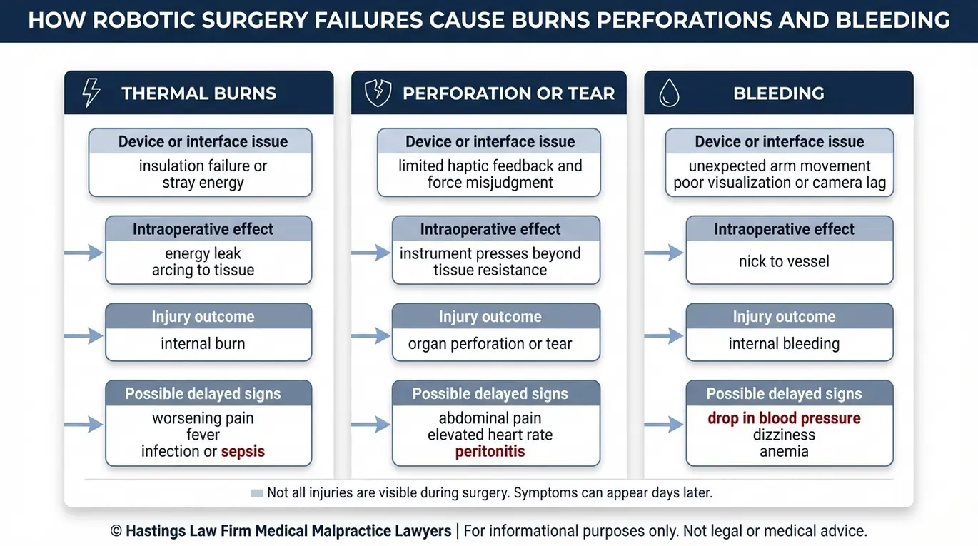 Clinical diagram mapping robotic device failure mechanisms to burns perforations and bleeding used in Fort Worth Robotic Surgery Malpractice Lawyer case review.