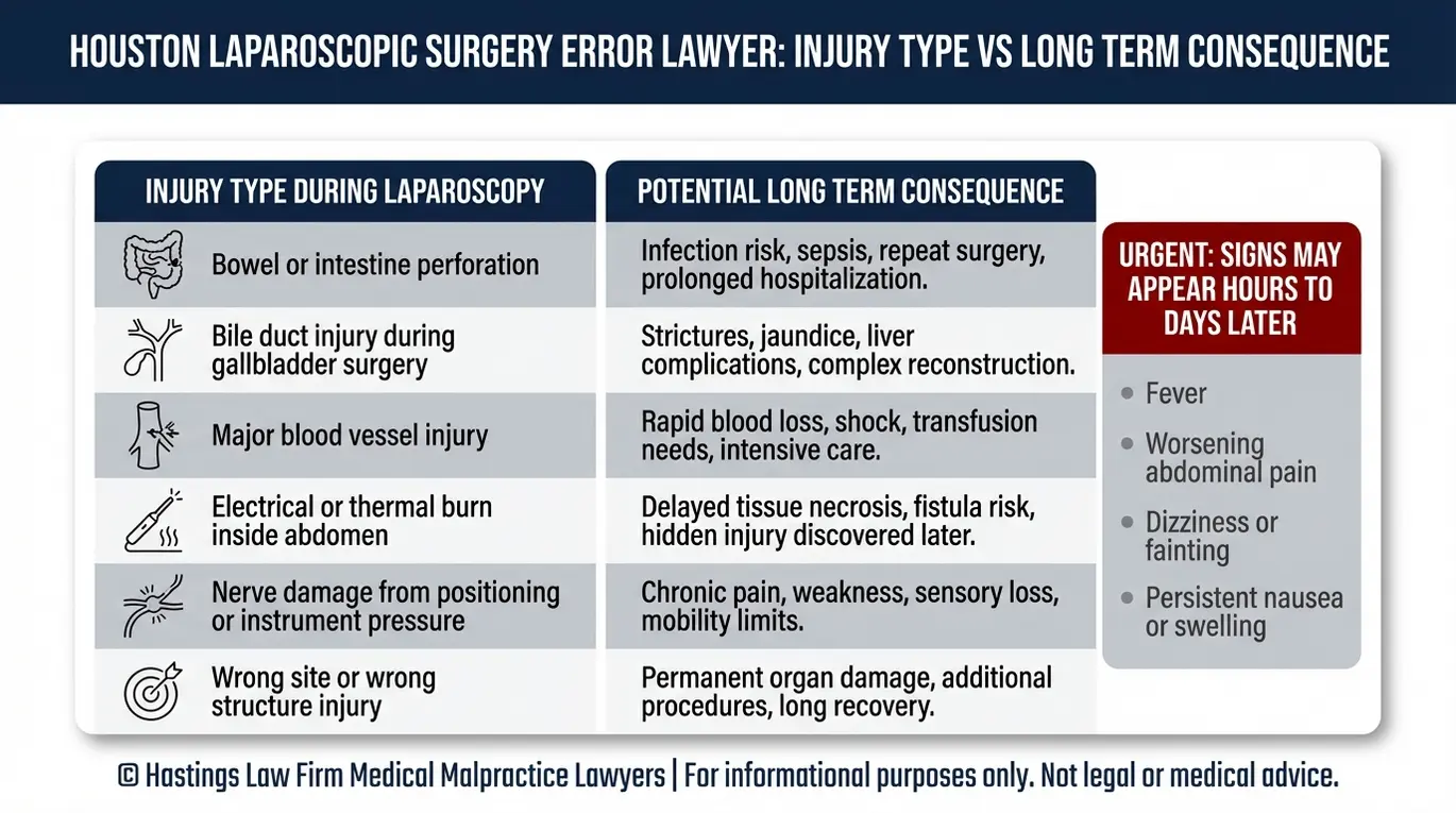 Comparison chart of common laparoscopic surgery injuries and long term consequences used by a Houston Laparoscopic Surgery Error Lawyer to explain bowel perforation, bile duct injury, bleeding, and thermal burns.