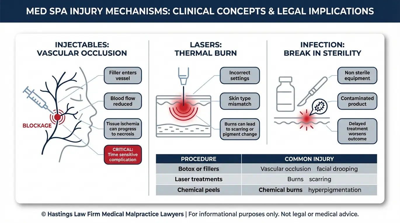 Clinical concept diagram for an Arizona Medical Spa Malpractice Lawyer explaining how injectables can cause vascular occlusion, how lasers can cause thermal burns, and how poor sterility can cause infection, with a mini table linking procedure types to common injuries.