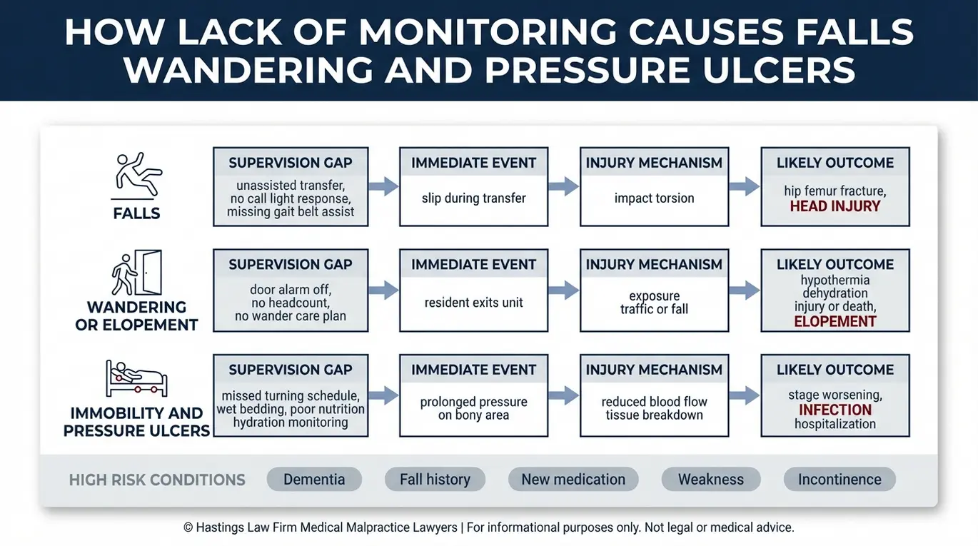 Clinical concept diagram linking supervision gaps to falls wandering elopement and pressure ulcer mechanisms relevant to a Dallas Nursing Home Supervision Lawyer claim.