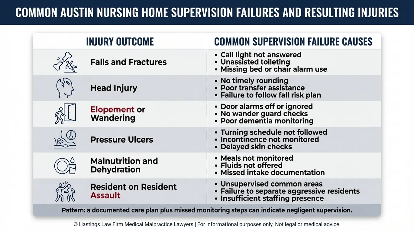 Comparison chart showing injury outcomes versus supervision failure causes for an Austin Nursing Home Supervision Lawyer case evaluation including falls wandering pressure ulcers dehydration and resident assaults.
