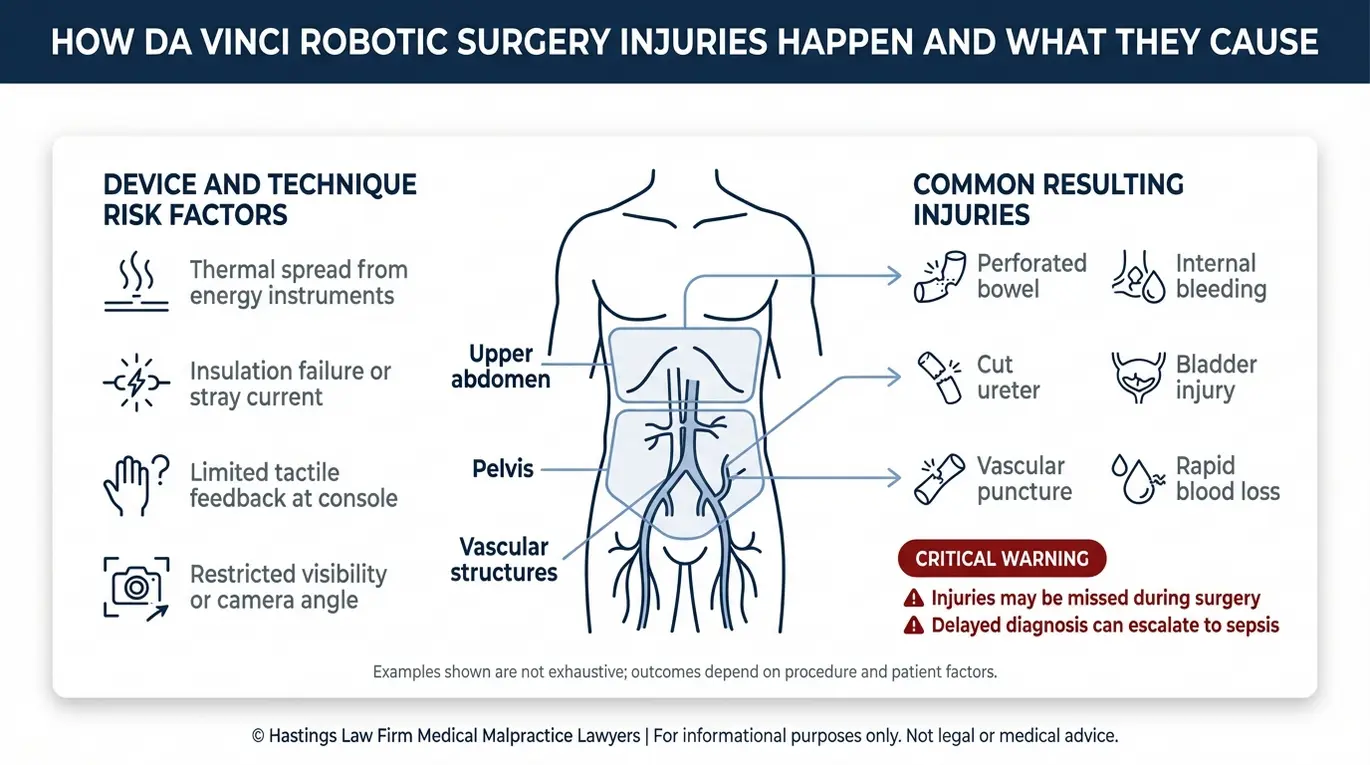 Clinical concept diagram explaining how Da Vinci robotic surgery risks can cause organ perforation burns nerve damage internal bleeding and sepsis for a Houston Robotic Surgery Malpractice Lawyer topic.