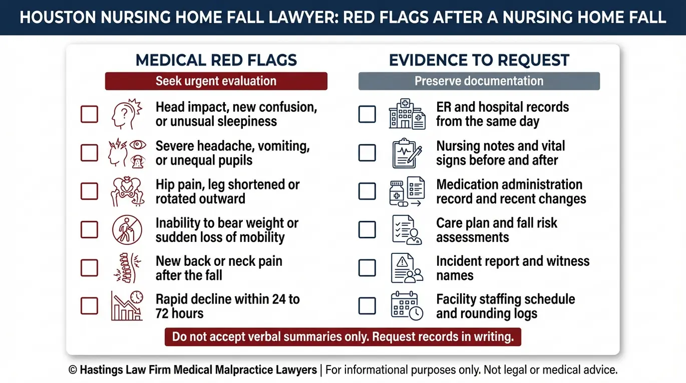 Warning checklist of medical red flags and records to request after a nursing home fall that a Houston Nursing Home Fall Lawyer may use to prove injuries and causation.