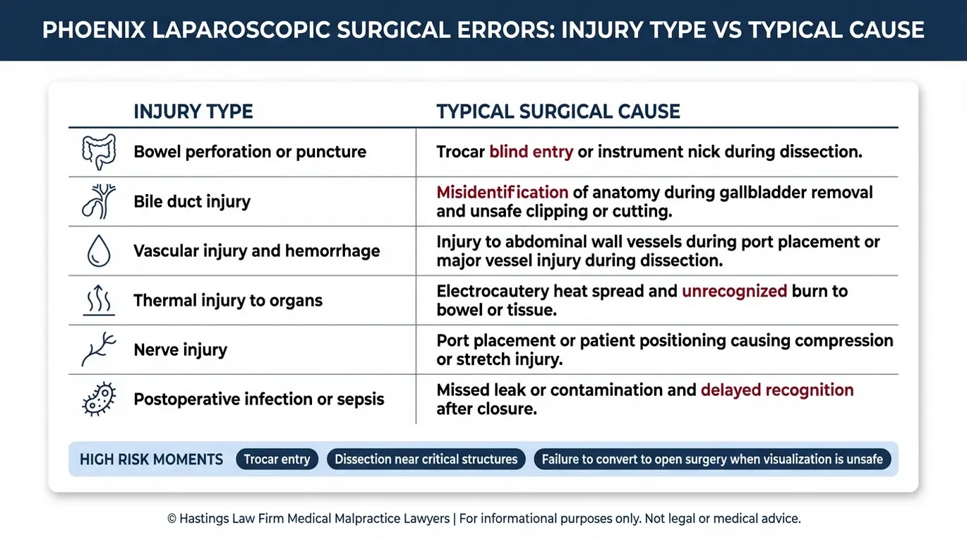 Tabla comparativa que muestra los errores comunes en la cirugía laparoscópica en Phoenix, clasificados por tipo de lesión y causa quirúrgica típica, incluyendo perforación intestinal, lesión de los conductos biliares, hemorragia, lesión térmica, lesión nerviosa e infección posoperatoria.