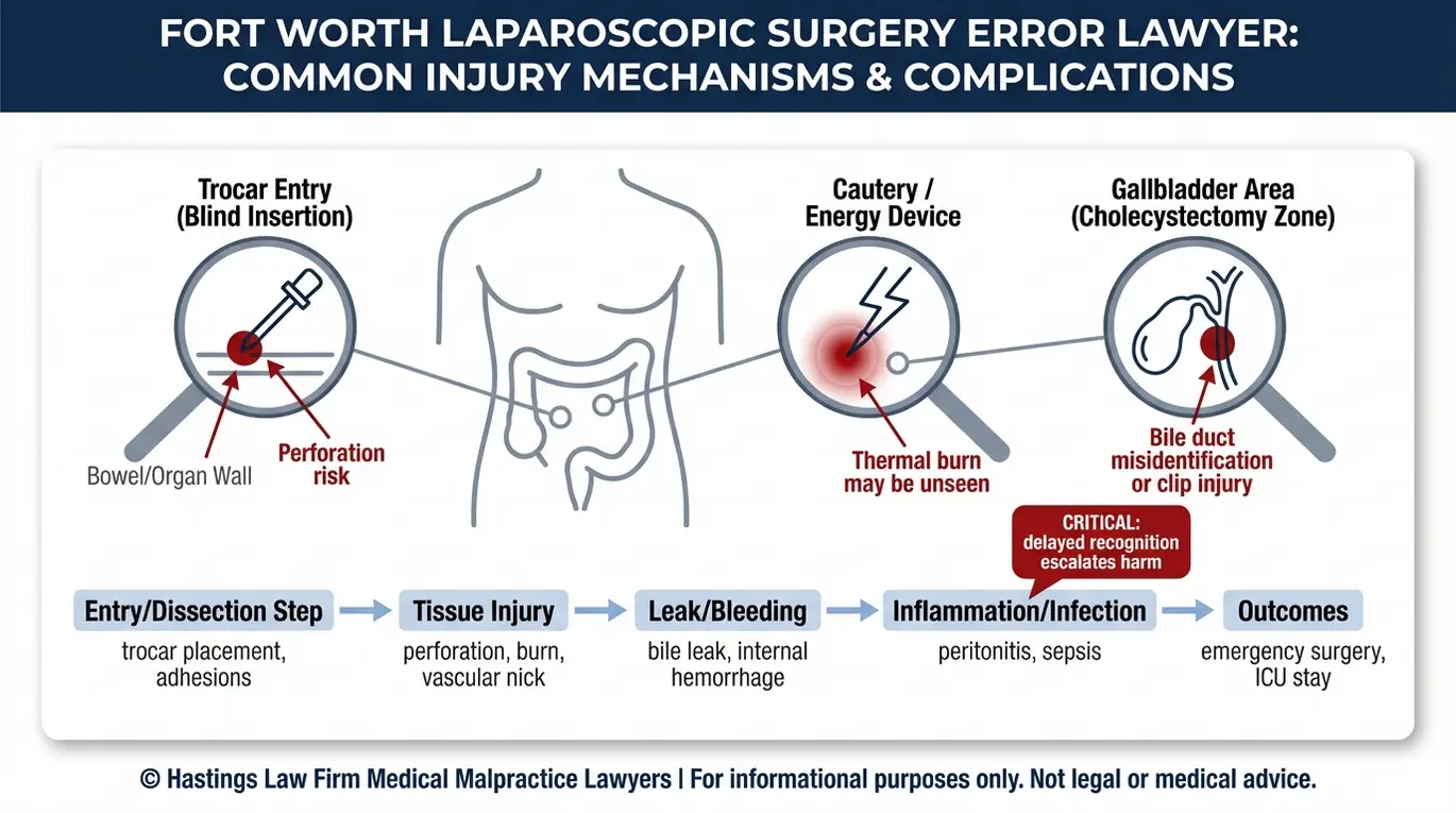 Clinical diagram showing how trocar entry, cautery burns, and bile duct injury can cause bowel perforation, peritonitis, and sepsis for a Fort Worth Laparoscopic Surgery Error Lawyer case evaluation.