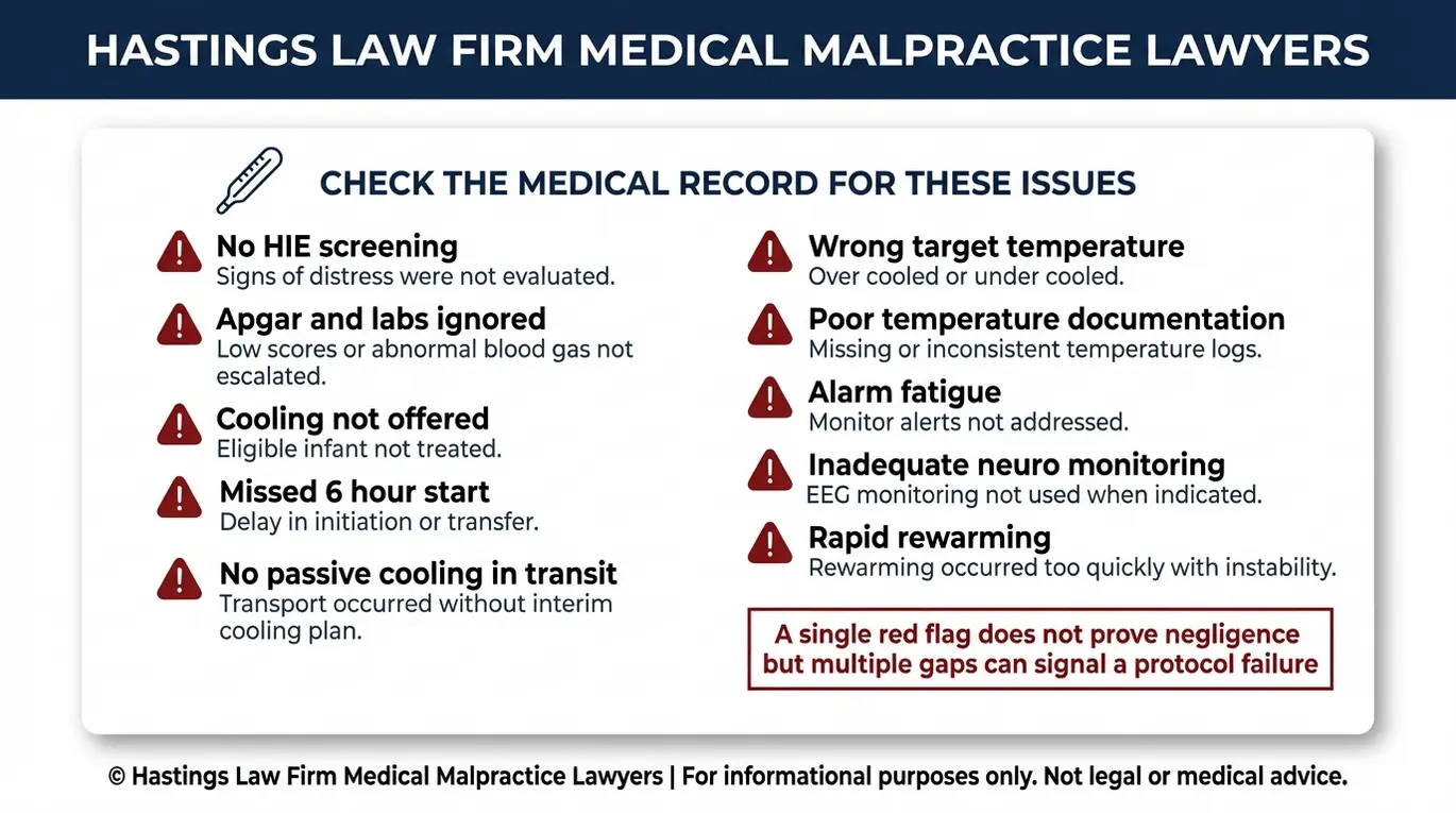 Warning checklist of therapeutic hypothermia malpractice red flags including missed six hour window temperature mismanagement and rapid rewarming used by a Texas Infant Therapeutic Hypothermia Lawyer when evaluating records.