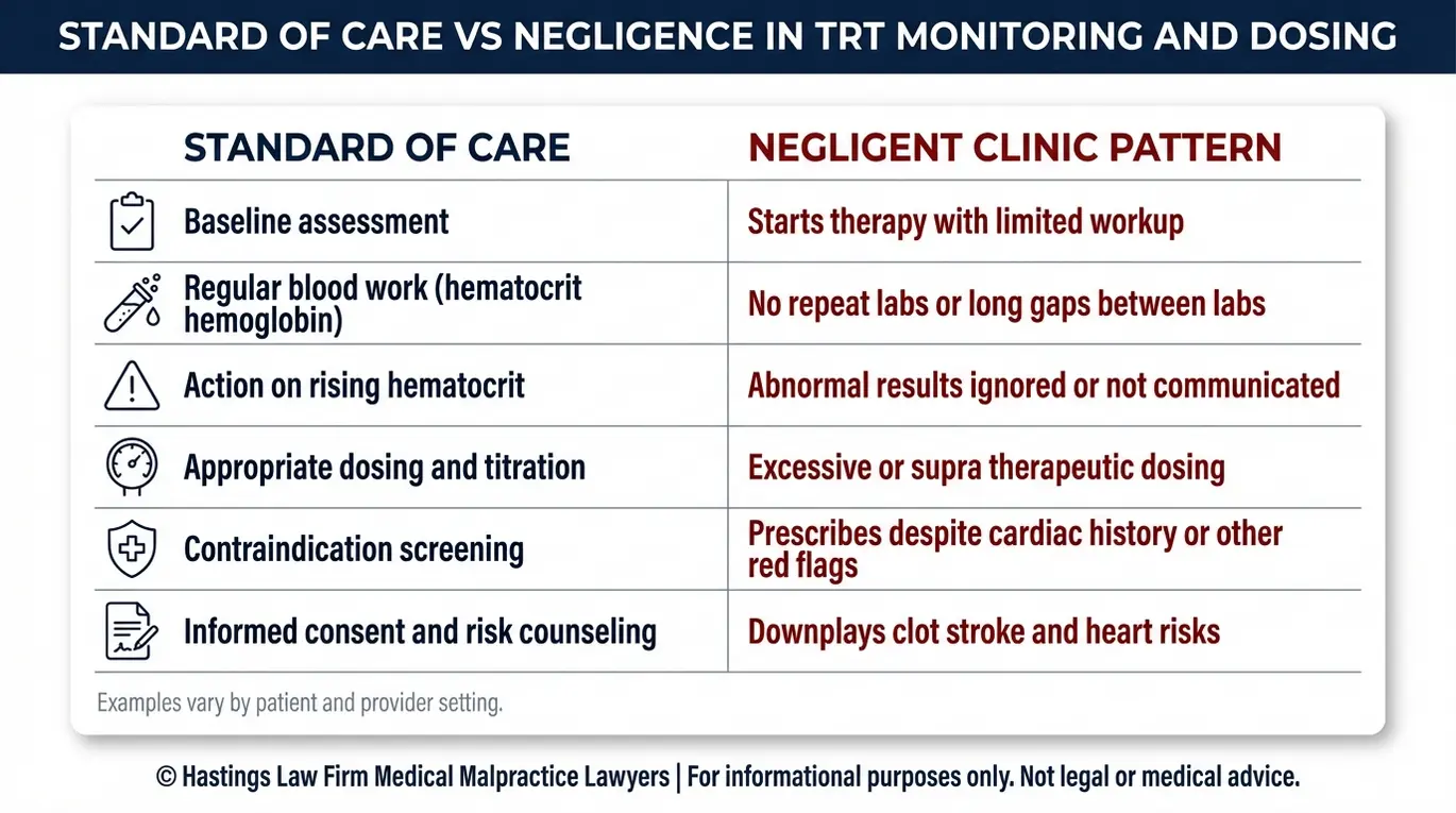 Comparison chart for an Arizona Testosterone Replacement Therapy Malpractice Lawyer showing TRT standard of care versus negligent clinic patterns like missed hematocrit labs ignored results and excessive dosing.