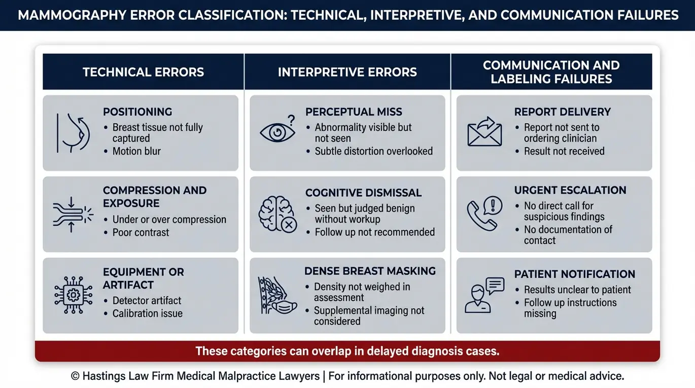 Tabla comparativa elaborada por un abogado especializado en negligencia médica en mamografías de Arizona, en la que se muestran los errores técnicos, los errores de interpretación y los fallos de comunicación en la lectura de mamografías que pueden provocar un retraso en el diagnóstico del cáncer de mama.
