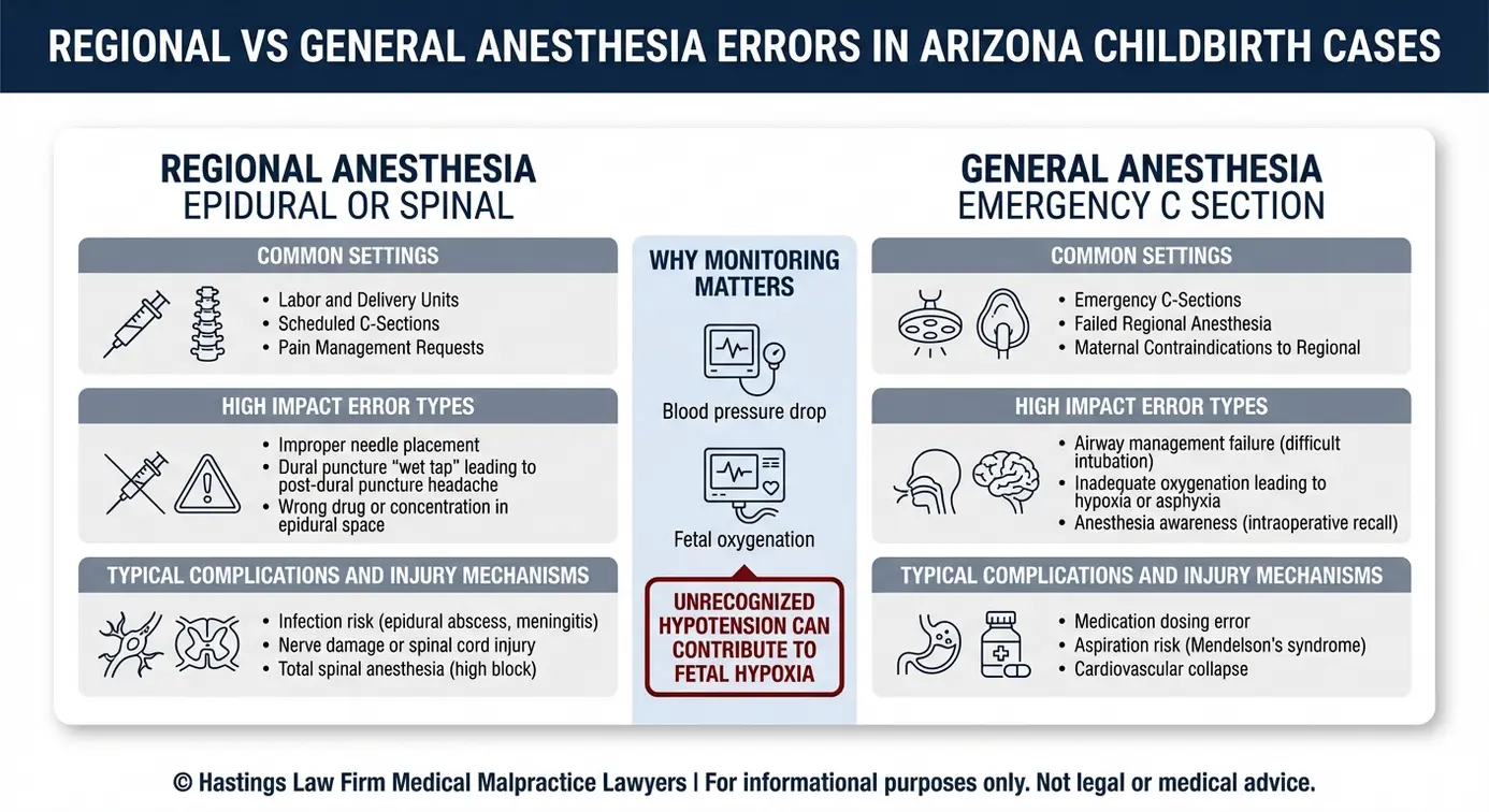 Comparison chart explaining regional versus general anesthesia errors and resulting complications relevant to an Arizona Maternal Anesthesia Complications Lawyer case review.
