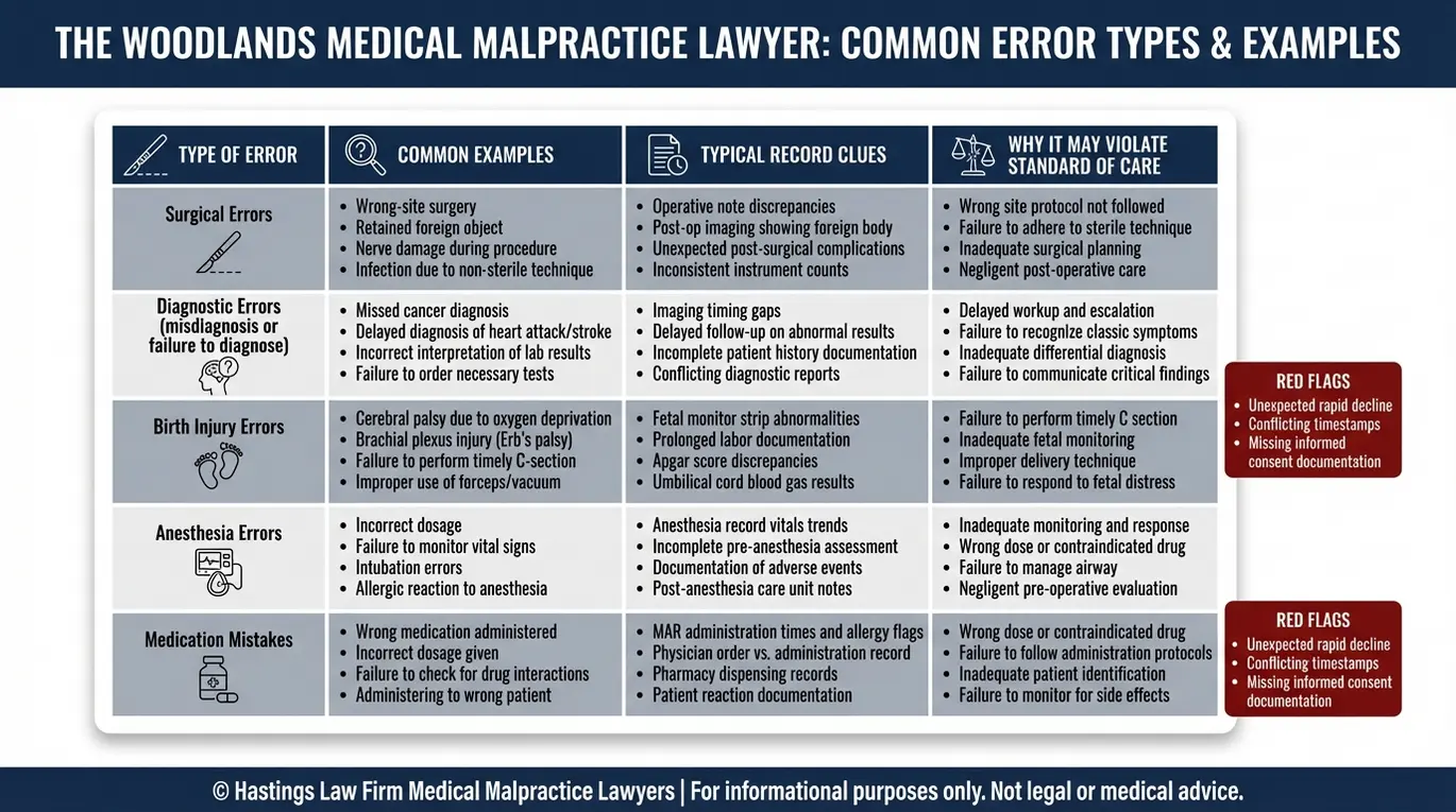 Comparison table of common error types, examples, record clues, and standard of care issues relevant to a The Woodlands medical malpractice lawyer.