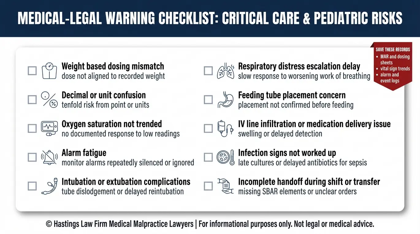 Warning checklist of common NICU medical errors for families seeking a Texas NICU Malpractice Lawyer including dosing mistakes monitoring failures respiratory issues and delayed sepsis response.