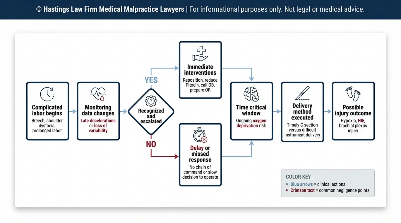 Diagrama de flujo que muestra cómo los cambios en la curva de monitorización fetal y la respuesta tardía pueden provocar hipoxia y encefalopatía hipóxico-isquémica (HIE) en un caso analizado por un abogado especializado en negligencia médica por partos anormales de Texas.