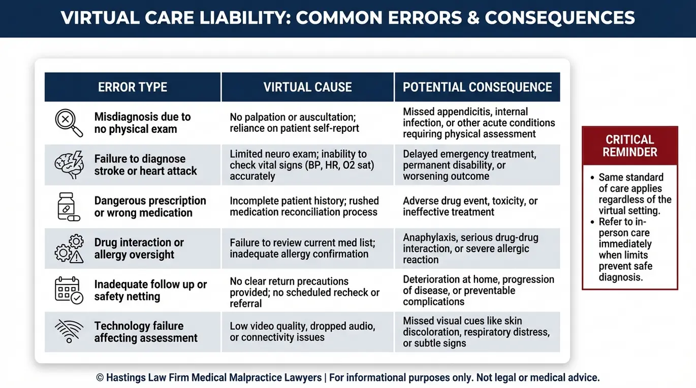 Cuadro comparativo para un Texas Telehealth Malpractice Lawyer que muestra errores comunes de telemedicina con la causa virtual y la consecuencia potencial incluyendo errores de prescripción de diagnóstico erróneo y fallos tecnológicos.