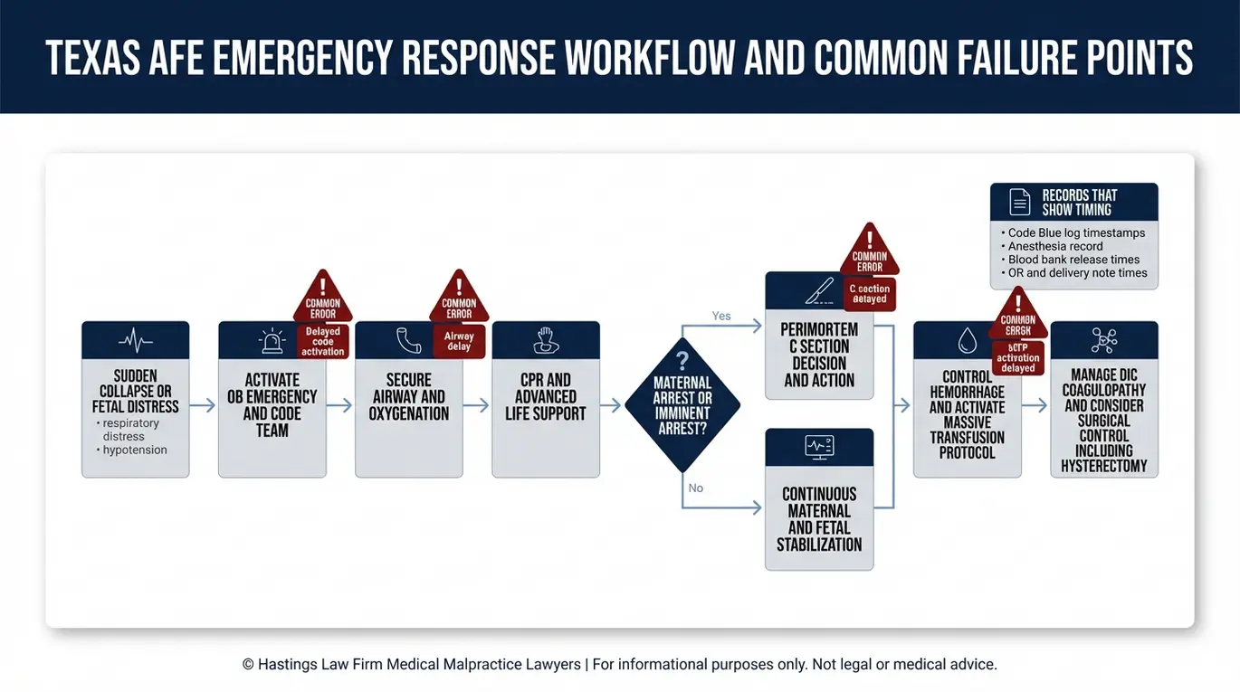 Flowchart of AFE emergency response steps and delay points used in a Texas Amniotic Fluid Embolism Lawyer investigation of hospital care.