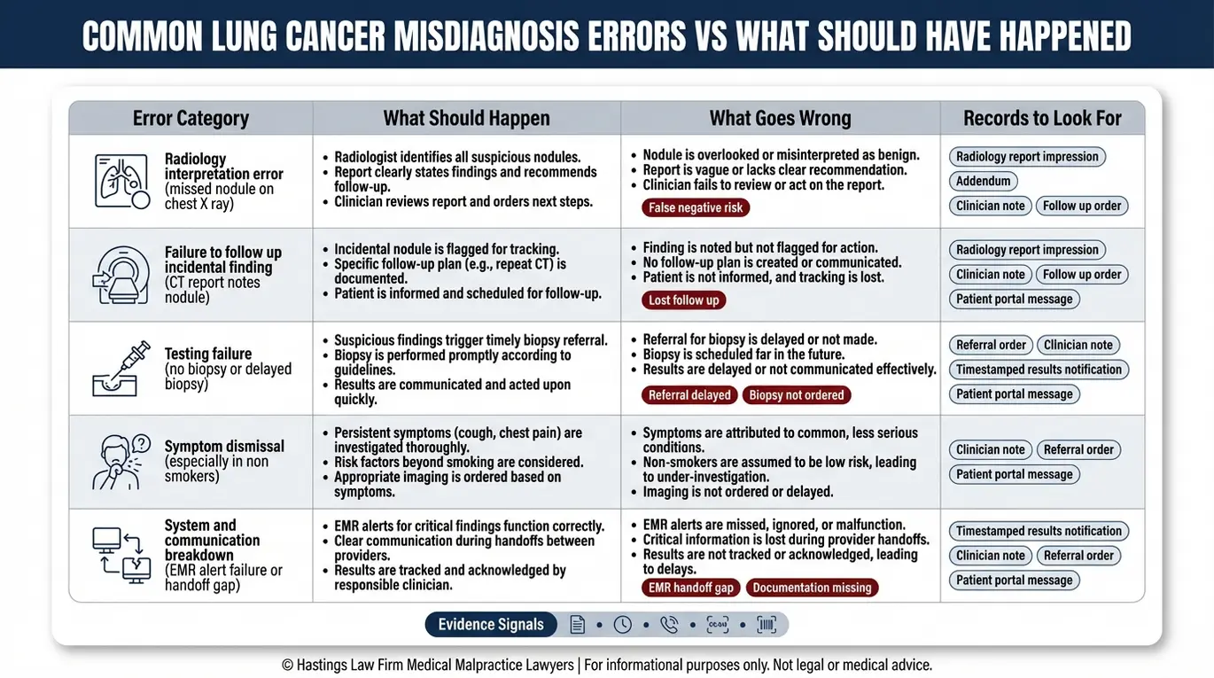Tabla comparativa utilizada por un abogado especializado en casos de diagnóstico erróneo de cáncer de pulmón en Arizona, en la que se describen los errores de diagnóstico más comunes frente a la atención médica adecuada, así como los expedientes médicos que suelen poner de manifiesto un retraso en el diagnóstico.