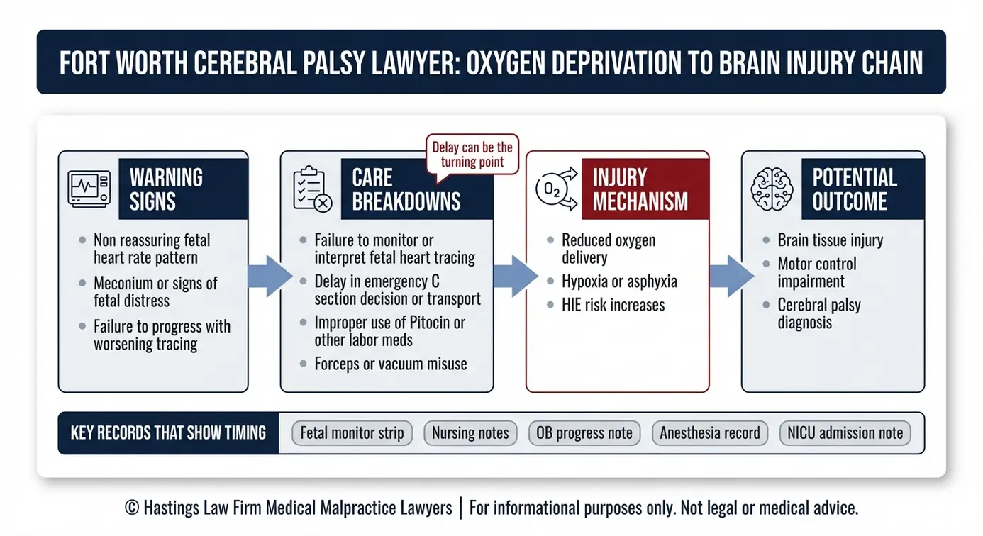 Clinical diagram for Fort Worth Cerebral Palsy Lawyer cases showing warning signs, care breakdowns, oxygen deprivation and HIE mechanism, and how brain injury can lead to cerebral palsy.