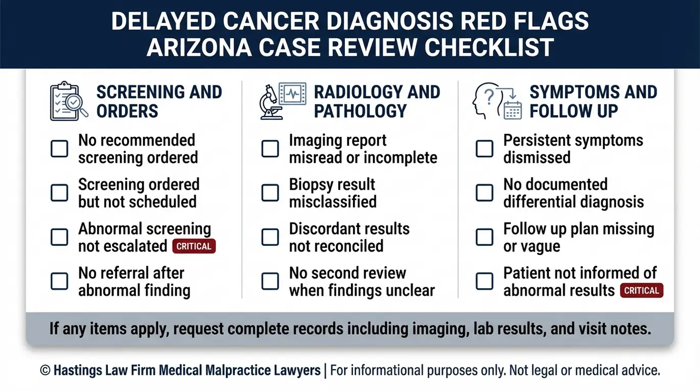 Checklist of delayed diagnosis red flags used by an Arizona Cancer Misdiagnosis Lawyer including screening failures imaging and pathology errors and missed follow up.
